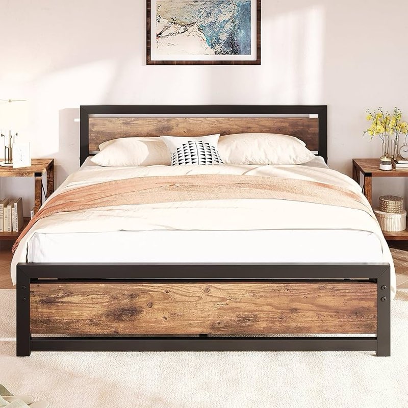 GarveeHome Full Size Bed Frame, Industrial Full Bed Platform with Headboard No Box Spring Needed, 14