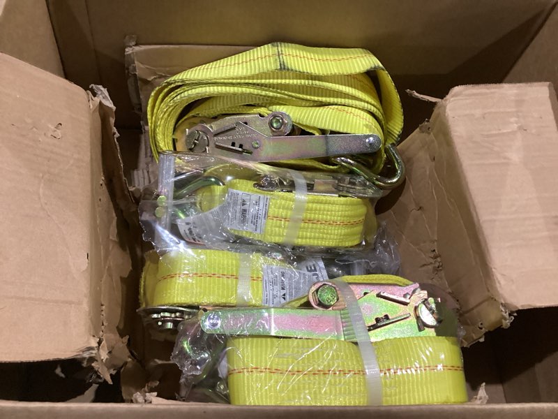 Condition photo showing Good Condition for kje ratchet straps heavy duty(4 pack), 2" x 15' ratchet strap 10,000 lbs max break strength, tie down ratcheting with j-hook, cargo straps for truck, trailer, moving appliances 4pack- 2" x 15'