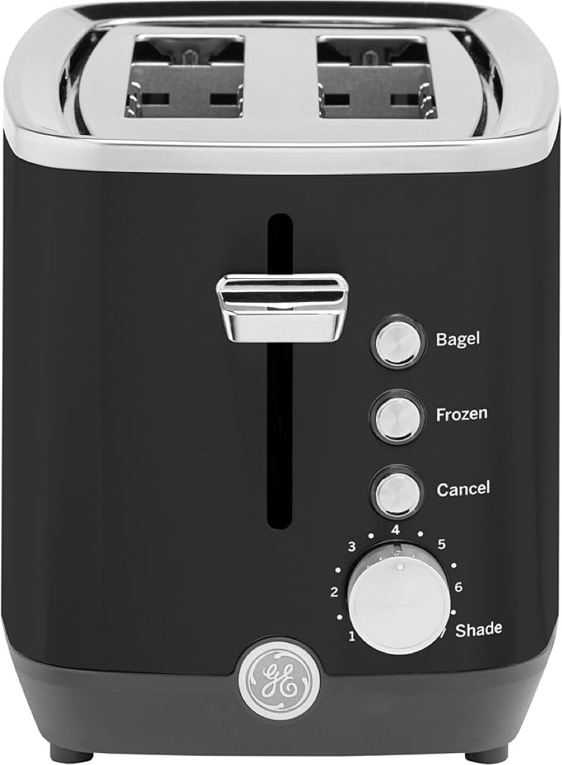 ge 2 slice black stainless steel toaster, extra wide slots for toasting bagels, breads, waffles & more, 7 adjustable shade settings, removable crumb tray, countertop kitchen essentials, 850 watts