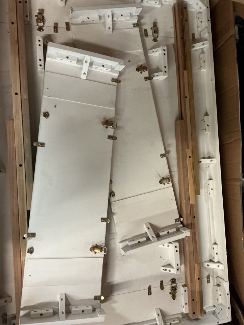 Condition photo showing As Is for Signature Design by Ashley Robbinsdale Farmhouse Distressed Counter Height Dining Extension Table with Trestle Base, Planked Effect and 2 Removable End Leaves, White White Counter Height Dining Table