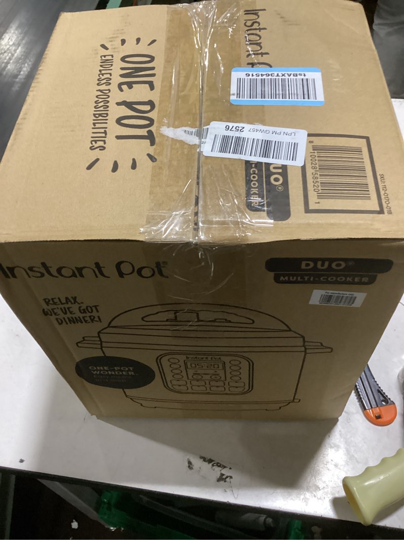 Condition photo showing As Is for instant pot duo 7-in-1 electric pressure cooker, slow cooker, rice, steamer, sauté, yogurt maker, warmer & sterilizer, includes app with over 800 recipes, stainless steel, 6 quart 6 quarts