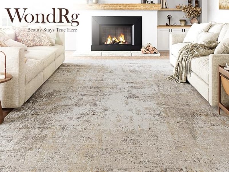 WondRg 9x12 Washable Area Rug Beige Modren Neutral Living Room Bedroom Indoor Carpet Farmhuose Non S