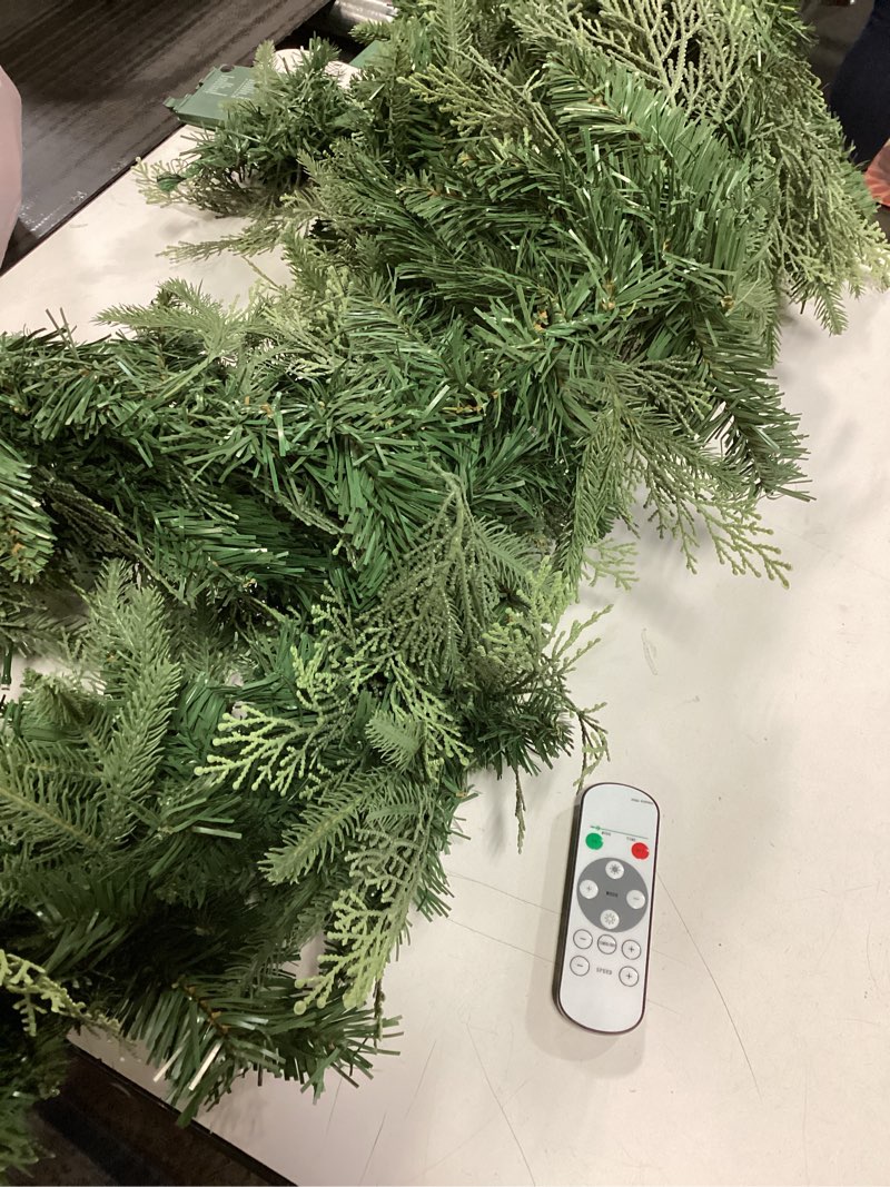 Condition photo showing Good Condition for Christmas Garland with Dual Color 50 LED Lights 9 Ft, Prelit Xmas Garland with Cypress Leaf, Timer by Remote Control and Batteries Operated for Mantle Staircase Indoor and Outdoor Battery Operated Polypropylene Green PVC 9FT