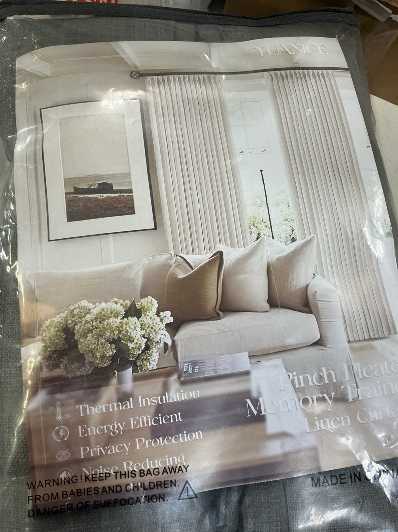 Condition photo showing New/Like New for sheer curtains 40x90 inches long, linen pinch pleated curtains for living room and bedroom - light filtering room darkening window panels, green boho farmhouse drapes (set of 2) olivine 40"w x 90"l (pack of 2)