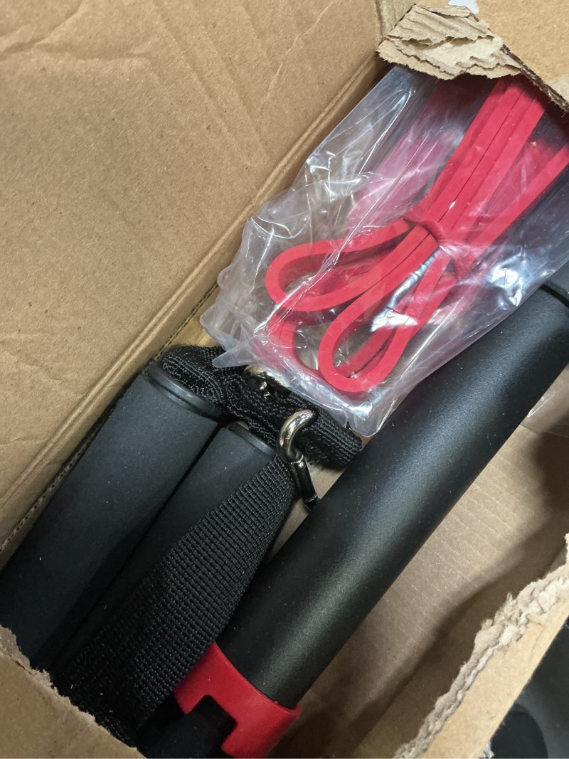 Condition photo showing Good Condition for pull up bar for hallway or doorway 6-piece set with two attachable resistance bands/handles, training manuals, no screws chin up bar, max 680lbs, width options: 27-37", 37-47"; 46-53" 45"-53"