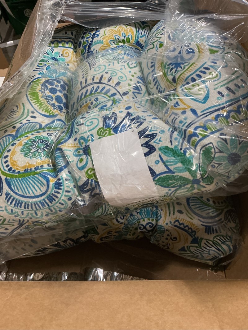 Condition photo showing New/Like New for pillow perfect paisley indoor/outdoor chair seat cushion, tufted, weather, and fade resistant, 19" x 19", round corner, 2 count, blue/yellow gilford 19" x 19" blue/yellow gilford