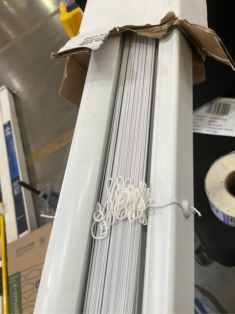 Condition photo showing As Is for project source room darkening 1-in slat width 31-in x 64-in cordless white vinyl room darkening mini-blinds