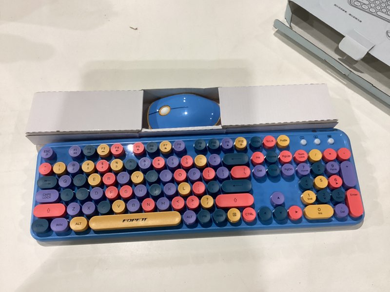 Condition photo showing Good Condition for fopett 2.4ghz wireless keyboard and mouse set with switch button - full-size keyboard - compatible for windows/laptop/pc/notebook/smart tv and more - blue colorful v2030 blue colorful