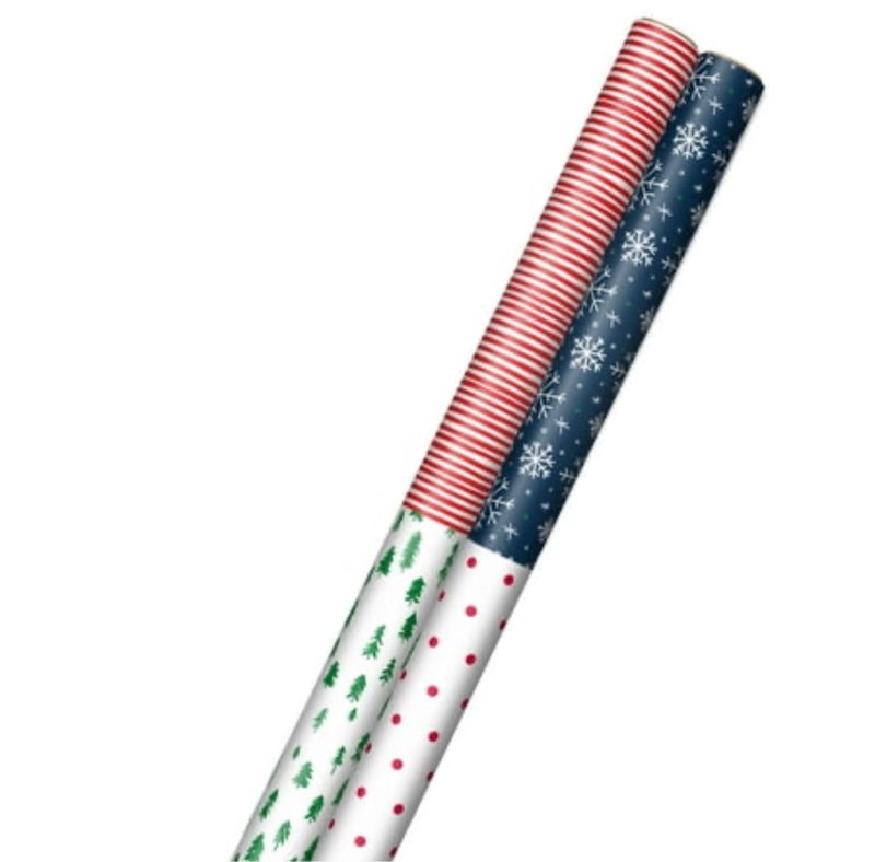 Hallmark Bulk Christmas Wrapping Paper with Cut Lines on Reverse (2 Rolls  4 Designs: 160 Sq. Ft. Ttl) Red Dots on White  Snowflakes on Navy  Red and White Stripes  Evergreen Trees