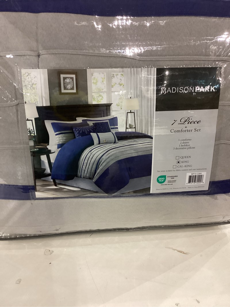 Condition photo showing Good Condition for Madison Park Palmer Comforter Set-Luxury Faux Suede Design, Striped Accent, All Season Down Alternative Bedding, Matching Shams, Decorative Pillow, Bed Skirt, King (104 in x 92 in), Blue 7 Piece