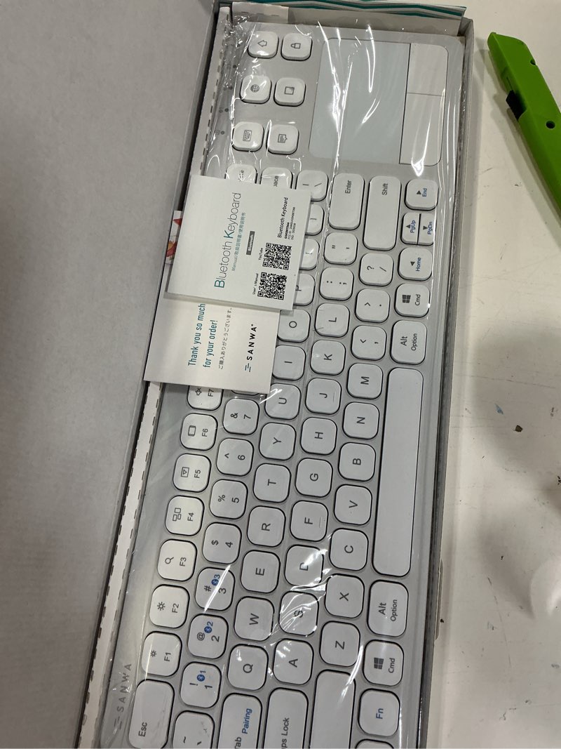 Condition photo showing New/Like New for sanwa multi device bluetooth keyboard with touchpad, rechargeable keypad with trackpad for laptop desktop computer pc ipad/iphone tablet, compatible with macbook, windows, android, ios, white