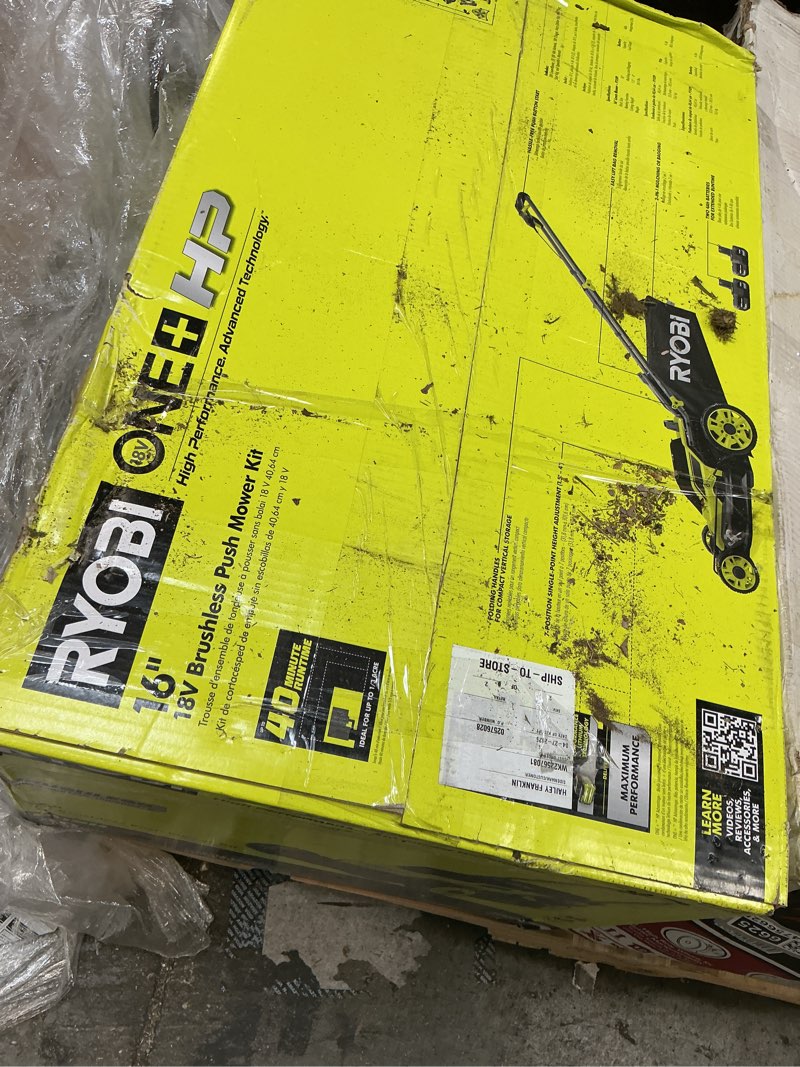 Condition photo showing As Is for ryobi one+ hp 18v brushless 16 in. cordless battery walk behind push lawn mower with (2) 4.0 ah batteries and (1) charger