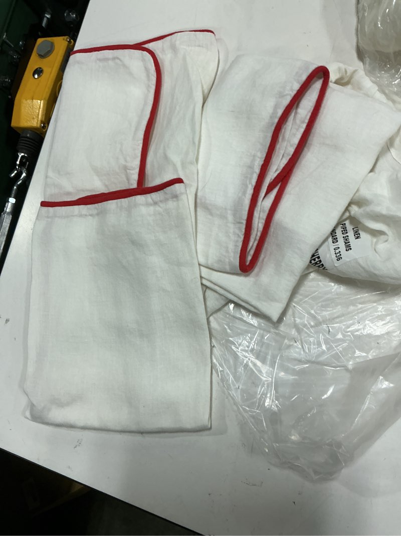 Condition photo showing As Is for european linen piped sham set, standard, white/cherry