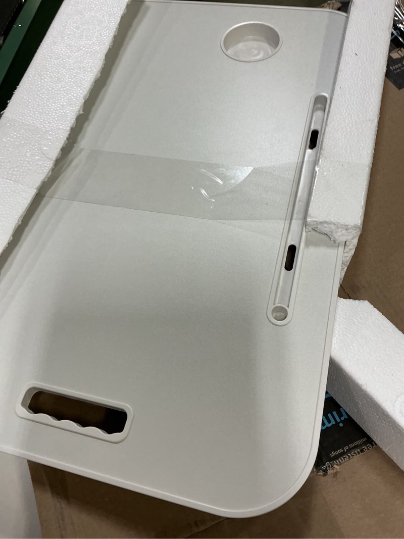 Condition photo showing Good Condition for foldable laptop table, portable lap desk bed table tray, laptop stand with cup holder & tablet slot & lifting handle for working writing drawing & eating (white)