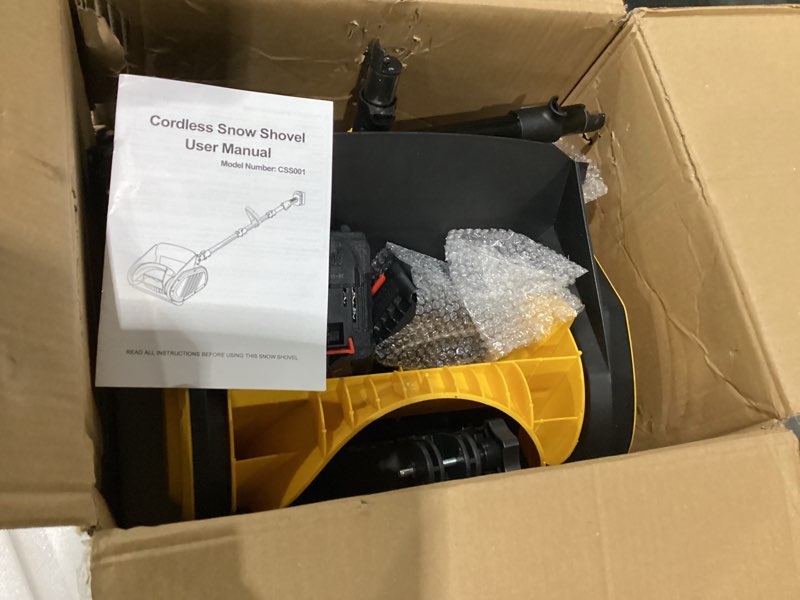 Condition photo showing As Is for cordless snow shovel, 21v brushless motor, 4.0ah electric snow blower, 14" clearing path - 26 ft throwing distance for sidewalk, deck & patio(2 * 4.0ah battery & quick charger included)