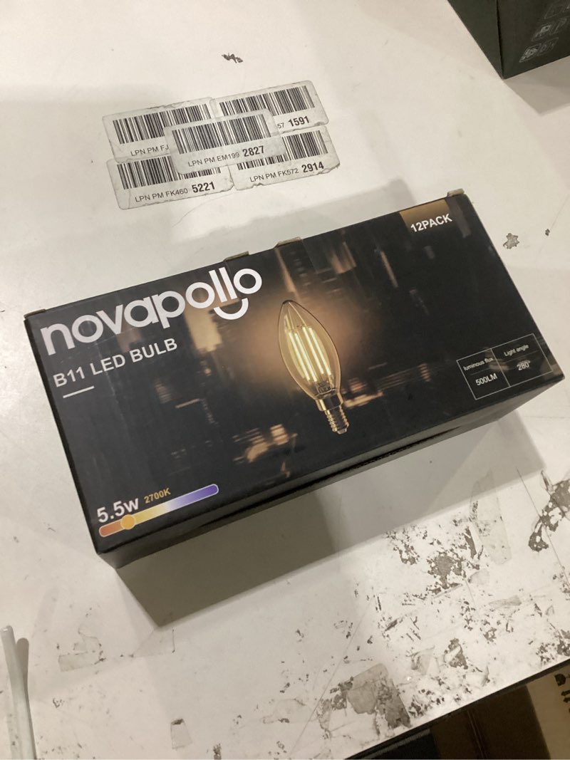 Condition photo showing New/Like New for 12-Pack E12 LED Bulb, 60 Watt Equivalent, Dimmable 2700K Warm White Light, B11 Chandelier Light Bulbs, 5.5W 500LM Candelabra LED Light Bulbs for Ceiling Fan Home Decor