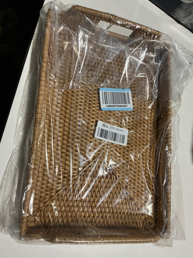 Condition photo showing Good Condition for Hand-Woven Rattan Serving Tray with Handles for Breakfast, Drinks, Snack for Dining/Coffee Table (17 inch (43 cm), Rectangular) 16.9" x 11.4" x 1.8"