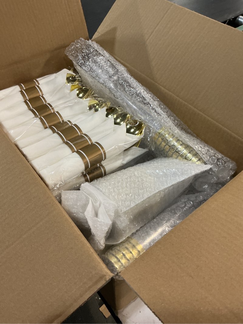 Condition photo showing New/Like New for goodluck 200pcs gold disposable plastic dinnerware set for 25 guests, include 25 dinner plates, 25 dessert plates, 25 napkins with silverware, 25 cups, 25 champagne glasses, for christmas, wedding gold 200 pcs (25 guests)