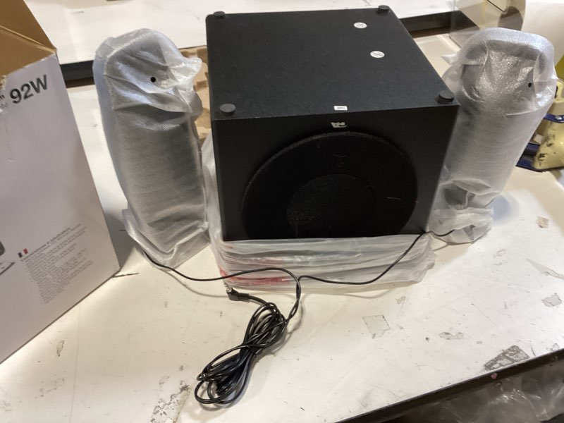 Condition photo showing New/Like New for cyber acoustics ca-3908 2.1 multimedia speaker system with subwoofer, 92 watts peak power, deep bass, perfect for music, movies, and games on desktops, laptops, consoles ca-3908 speaker