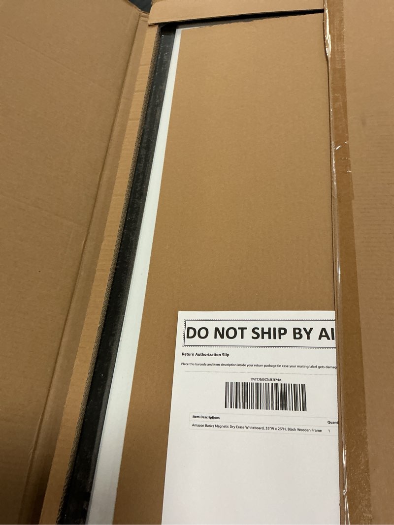 Condition photo showing As Is for amazon basics magnetic dry erase whiteboard, 35"w x 23"h, black wooden frame, wall-mounted for writing and presentation black/white 35"w x 23"h