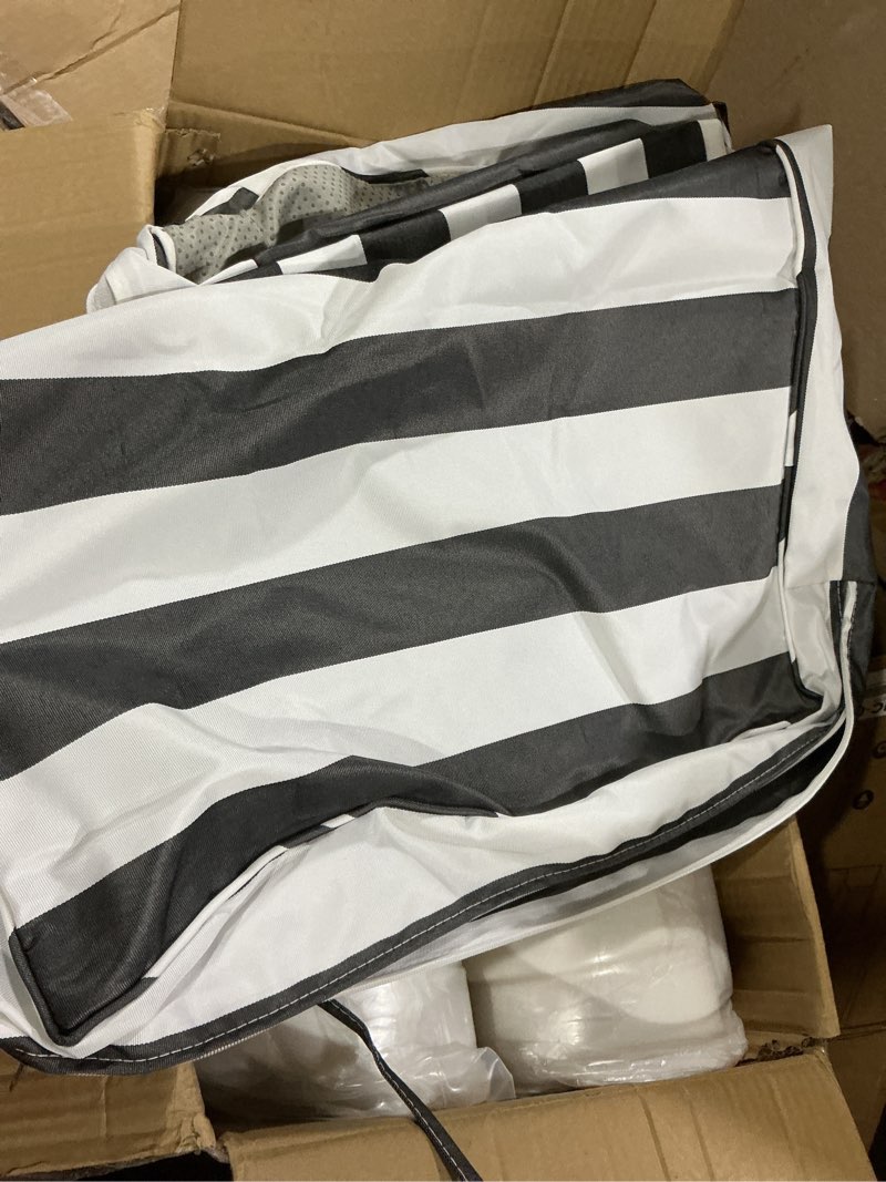 Condition photo showing New/Like New for arden outdoor foam deep seat cushion set, 22 in x 24 in, weather-proof, rain-proof, fade resistant patio cushion, bottom and back cushion for chair, sofa, and couch black cabana stripe certi-pur foam black cabana stripe 1 pack