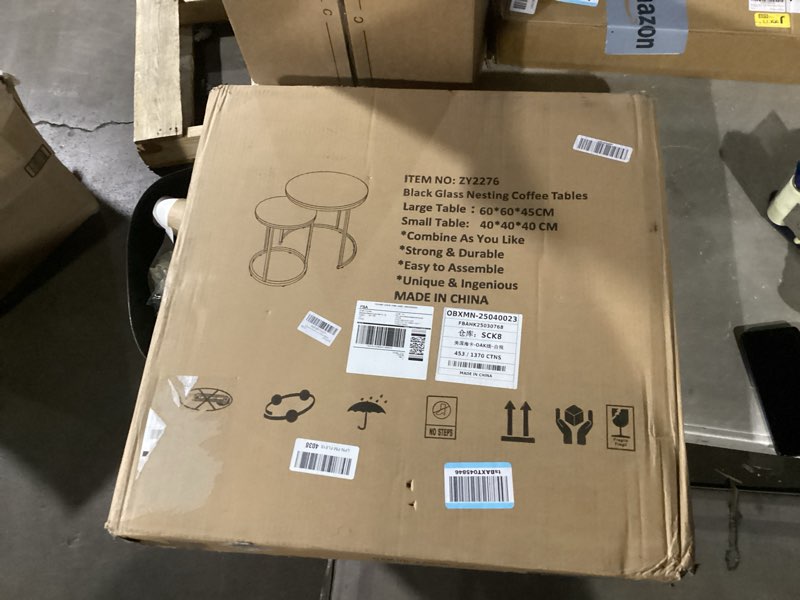 Condition photo showing New/Like New for aboxoo black nesting coffee glass table set of 2, metal freme side end tables for living room bedroom for apartment small place modern industrial simple, 23.6d x 23.6w x 17.7h in black glass glass