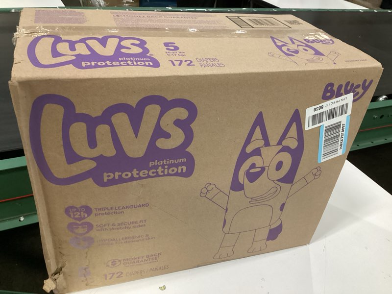 Condition photo showing New/Like New for luvs diapers - size 5, 172 count, bluey platinum protection baby diaper size 5 172