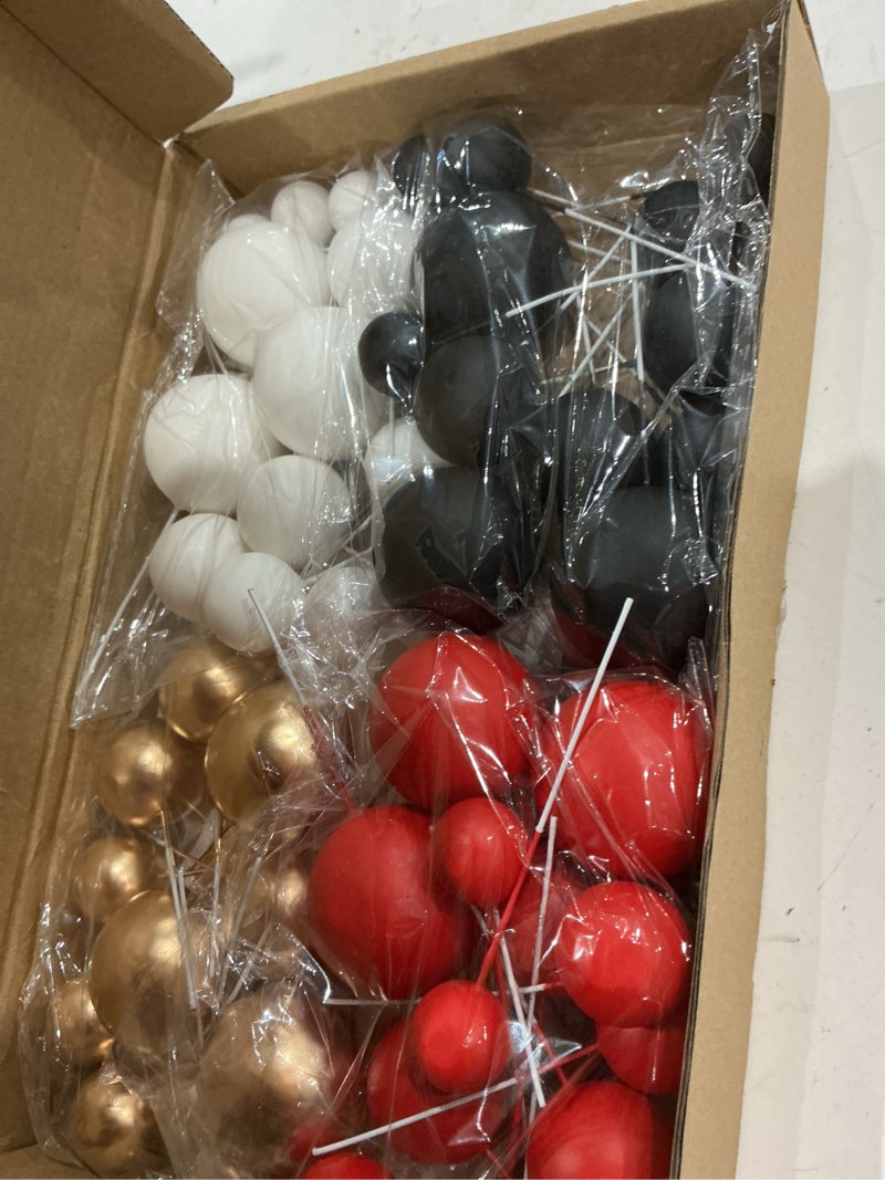 Condition photo showing Good Condition for 48 pcs balls cake topper decorations balloon cupcake toppers foam cake topper balls cake balls decorations for birthday party wedding cake decorating (black, red, white, gold) a06-black, red, white, gold