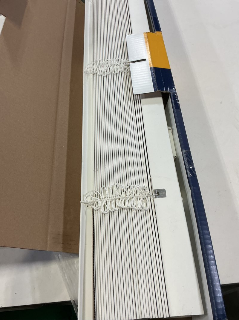 Condition photo showing As Is for levolor trim+go 2-in slat width 35-in x 48-in cordless white faux wood room darkening horizontal blinds