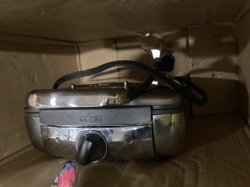 Condition photo showing As Is for All-Clad Stainless Steel Waffle Maker 4 Section, Thick Belgium Waffle Makers, Upright Storage 1600 Watts, Nonstick, 6 Browning Levels, Dishwasher Safe
