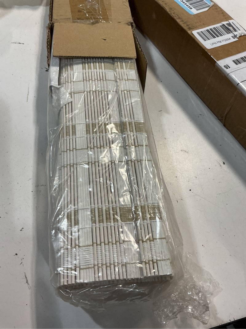 Condition photo showing New/Like New for lazblinds no tools no drill bamboo roller shades, cordless bamboo blinds, light filtering roll up blinds for windows, french door, porch or patio, 29'' w x 64'' h, whitewash b whitewash b 29'' w x 64'' h