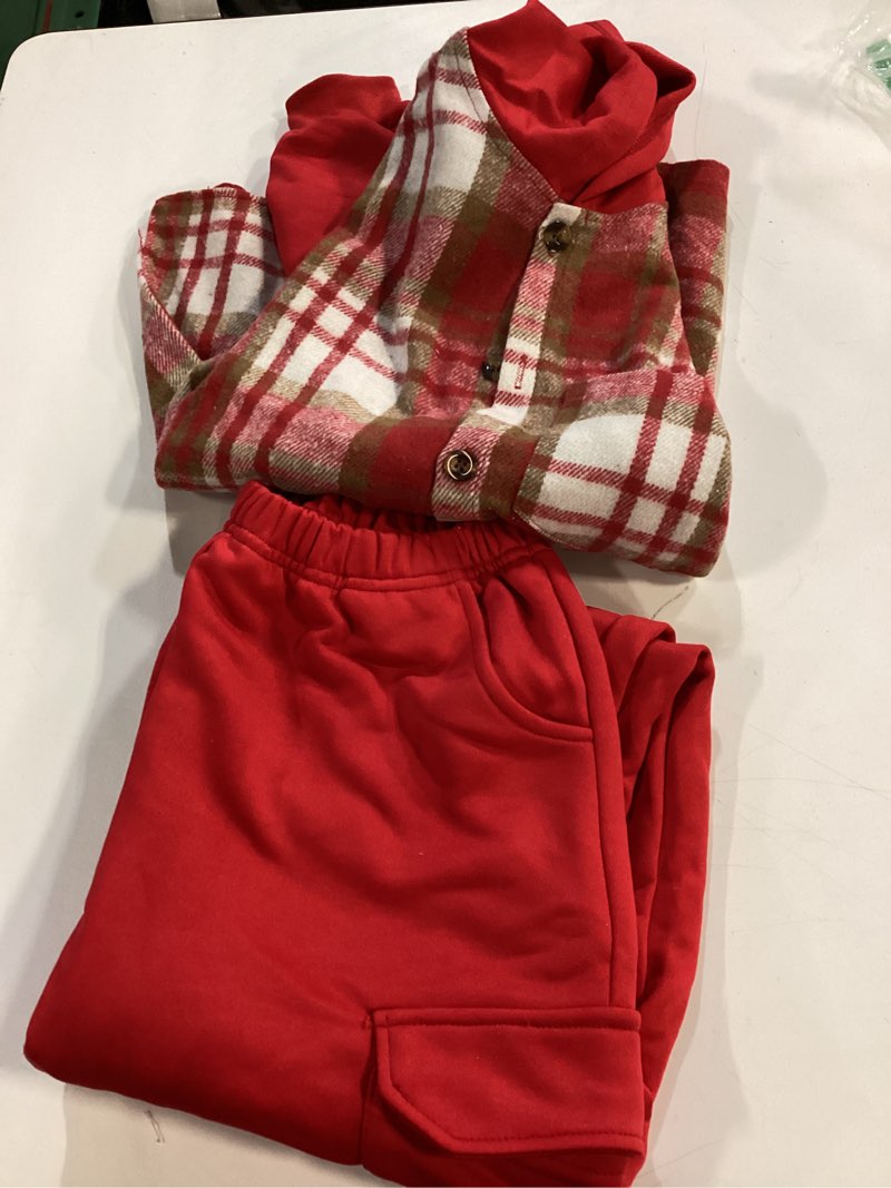Condition photo showing Good Condition for Boys 2 Pieces Sweatsuit Flannel Plaid Shirt Tops Hoodies Cargo Sweat Pants Clothing Set 3-14Y 11-12 Years Red