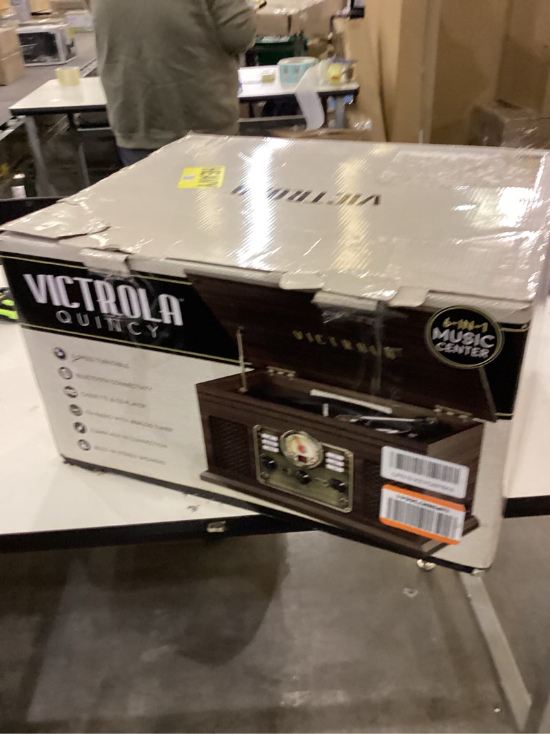 Condition photo showing As Is for Victrola The Quincy 6-in-1 Bluetooth Record Player & Multimedia Center with Built-in Speakers – 3-Speed Turntable, CD & Cassette Player, AM/FM Radio, Wireless Music Streaming (Espresso) Espresso Record Player