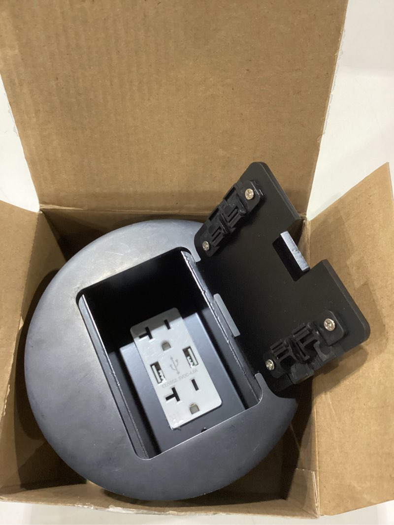 Condition photo showing New/Like New for Kanayu Black Recessed Floor Outlet, 3.98"x 3.66" x 3.15" 1-Gang, Receptacles Duplex with 4.8A USB Chargers 20A TR Device and Waterproof Adjustable Steel Box, Round Electrical Outlet Kit, Etl Listed