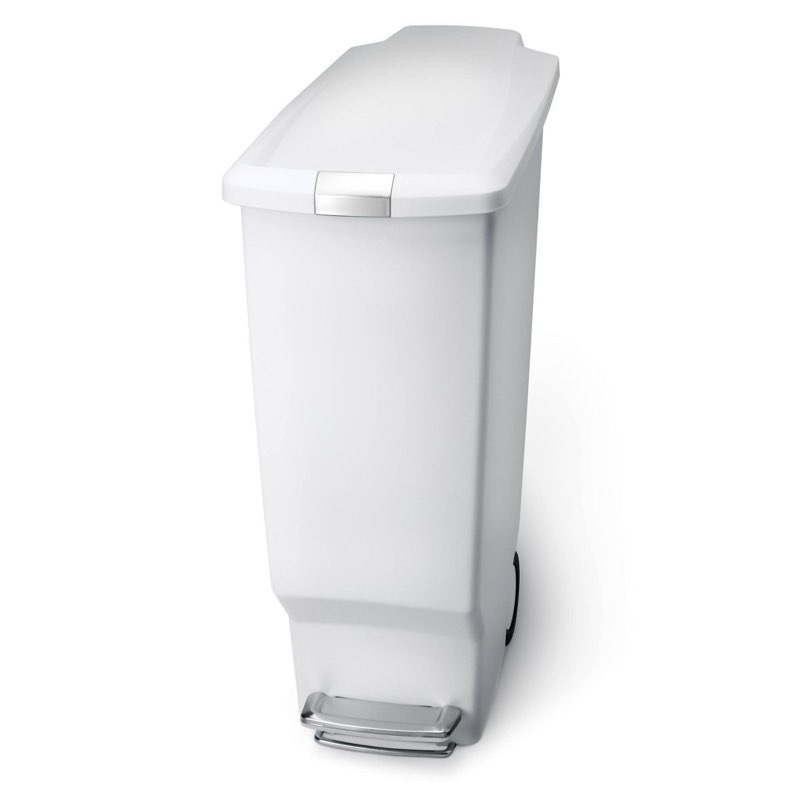 simplehuman 40l slim plastic step trash can white plastic with soft-close locking lid