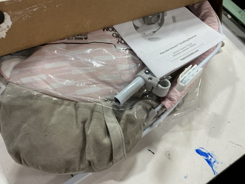 Condition photo showing As Is for Ingenuity Soothing Baby Bouncer Infant Seat with Vibrations, -Toy Bar & Sounds, 0-6 Months Up to 20 lbs (Pink Flora the Unicorn)