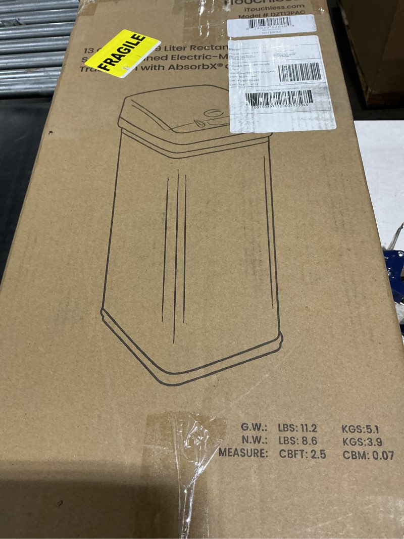 Condition photo showing Good Condition for iTouchless 50 Liter / 13 Gallon Kitchen Trash Can with AC Adapter, Lid & Odor Filter – Motion Sensor Stainless Steel Garbage Bin for Home, Office, or Garage – Slim, Large Capacity Design Light Silver / AC