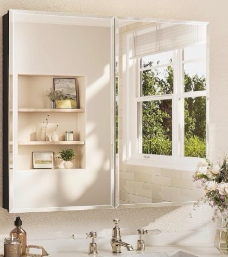 TETOTE 36 x 32 Medicine Cabinet with Tempered Beveled Mirror White Bathroom Mirror Cabinet Aluminum 