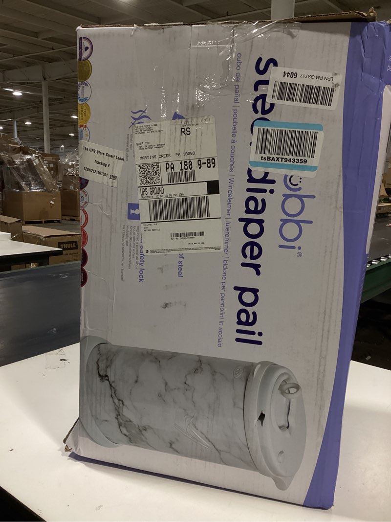 Condition photo showing As Is for ubbi steel diaper pail, odor locking, no special bag required, award-winning, registry must-have, ivory