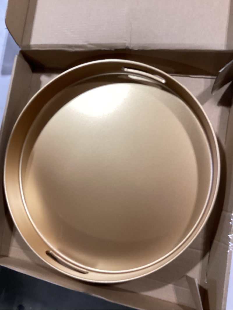 Condition photo showing Good Condition for sforguva round gold decorative serving tray with handles, 13” versatile ottoman tray for coffee tabl