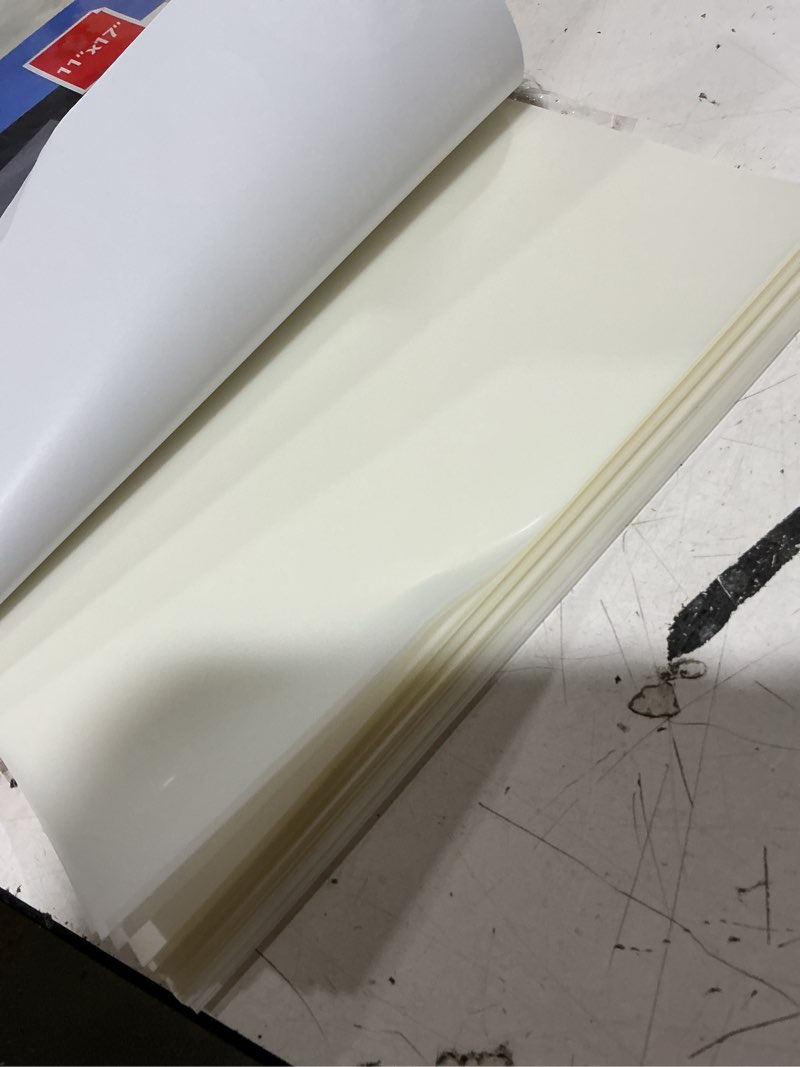 Condition photo showing Good Condition for 100 sheets dtf transfer film paper 11x17 inch double sided thick clear pretreat sheets, pet heat transfer paper for inkjet printer dtg printer direct print on t shirts textile(hot&cold peel) 11x17 100 sheets
