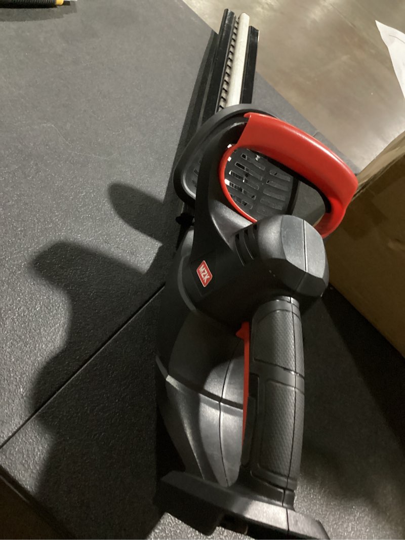 Condition photo showing As Is for dck 58v 26'' cordless hedge trimmer, brushless bush trimmer dual-action blades, variable speeds, 5-position 180° rotating handle, anti-vibration, 2.5ah battery & 5a fast charger included