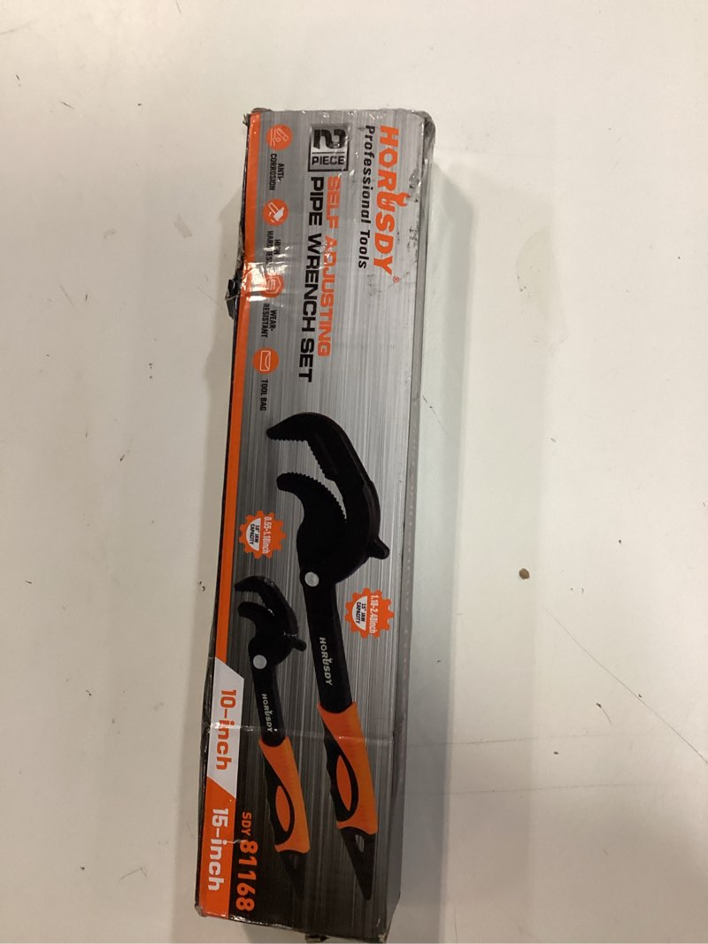 Condition photo showing New/Like New for horusdy heavy duty pipe wrench set, 10” and 15” self-adjusting pipe wrenches for plumbing and hvac, 2-piece pipe vise tool kit for standard and irregular nuts, pipes, fixtures – pipe wrench set