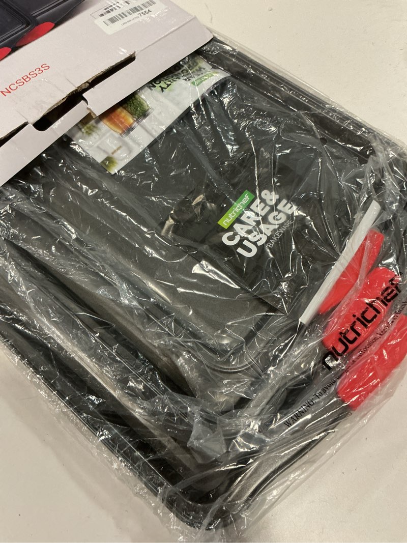 Condition photo showing Good Condition for NutriChef 3-Piece Nonstick Kitchen Oven Baking Pans - Premium & Stylish Non-Stick Steel, Commercial Grade Restaurant Quality Metal Bakeware with Red Silicone Handles - Easy to Clean, NCSBS3S