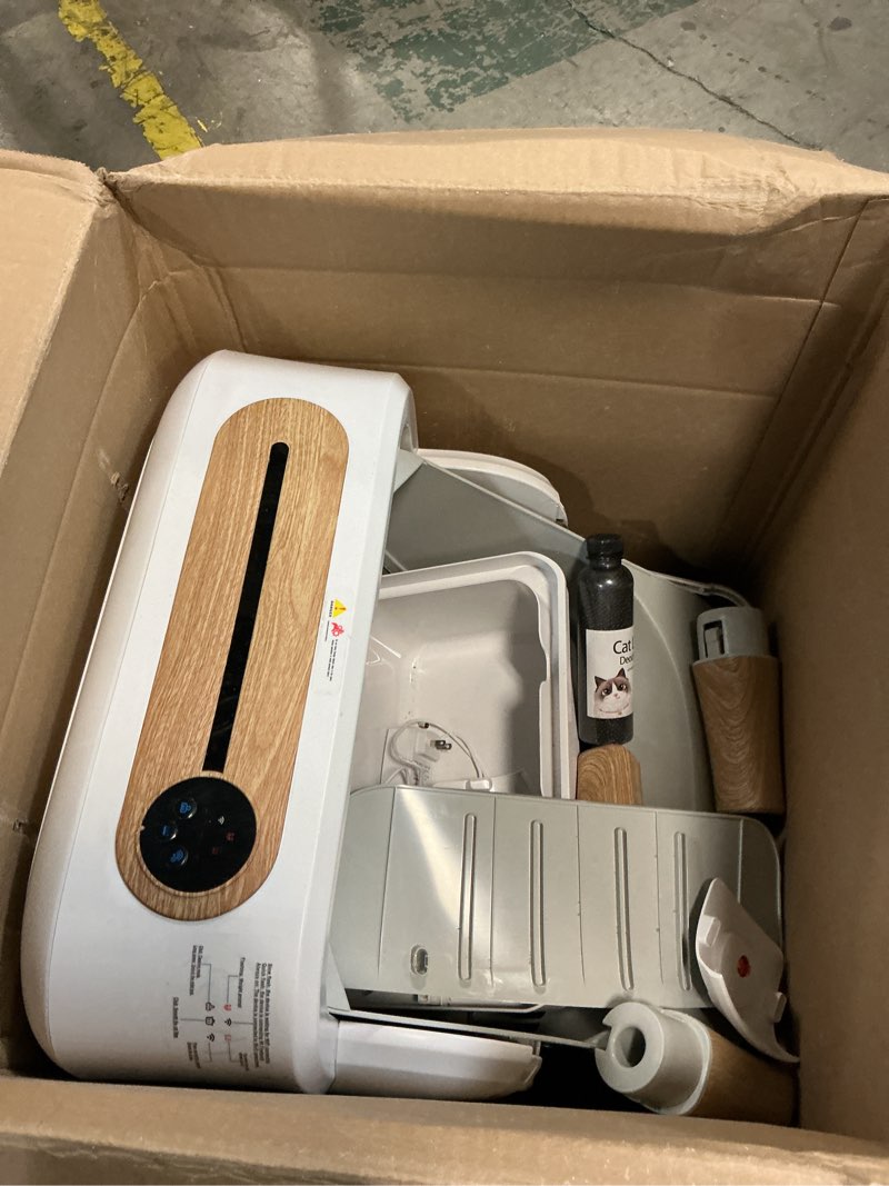 Condition photo showing As Is for rpz automatic cat litter box self cleaning, robot litter box for multiple large cats, open top auto app control ultra-quiet, durable, keep home freshness, wood grain white