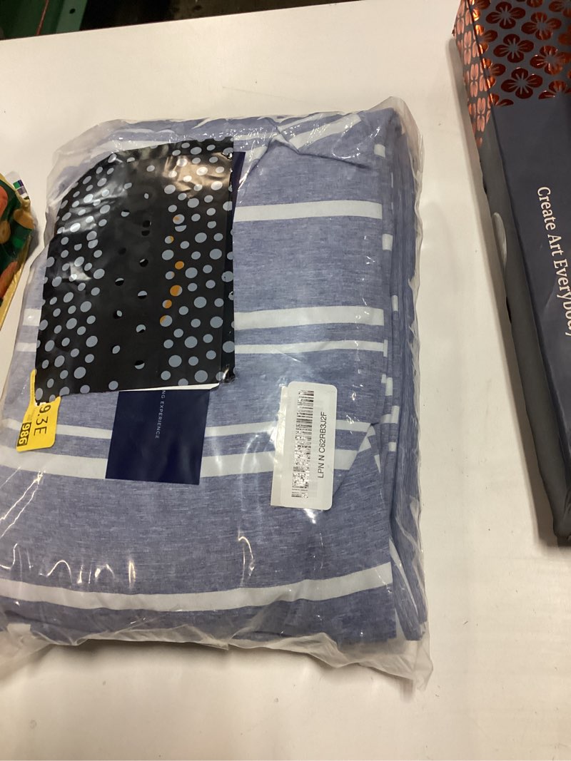 Condition photo showing New/Like New for queen 6 piece sheet set - comfy breathable & cooling - soft hotel luxury bedding set with 8-16 inch deep pockets - 1 flat & 1 fitted sheet & 4 pillowcases - wrinkle free & easy care - blue stripes 3 42 - blue stripes 3 queen