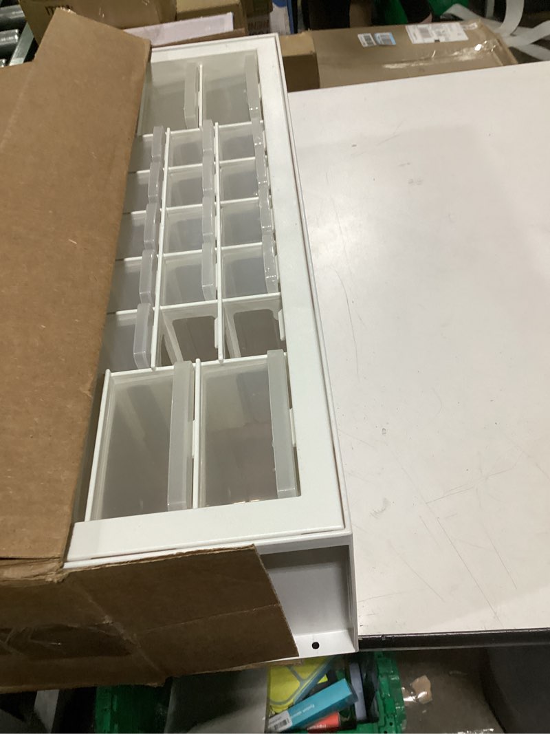 Condition photo showing As Is for iris usa plastic storage drawers, made in usa, 26-drawer organizer cabinet, stackable teacher toolbox for crafts, beads, stickers, hardware, nuts & bolts, scrapbook supplies, building bricks – white white 26 drawer