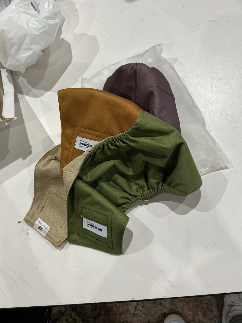 Condition photo showing Good Condition for washable male dog diapers reusable, premium belly bands for male dogs, pack of 3, high absorbing extra small male dog pee wraps for doggie in incontinence or excitable urination and training(xs) purple?brown?green x-small