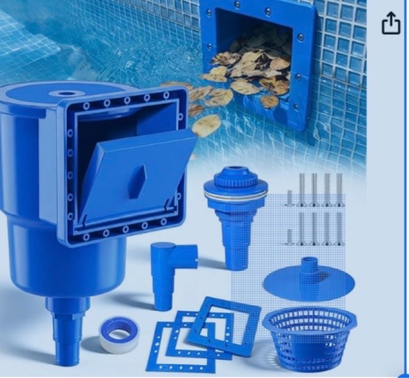 above ground pool skimmer, heavy duty through-wall mount pool skimmer kit with accessories, universal fit for standard wall openings, klein blue in-wall surface skimmer includes leak-free teflon tape