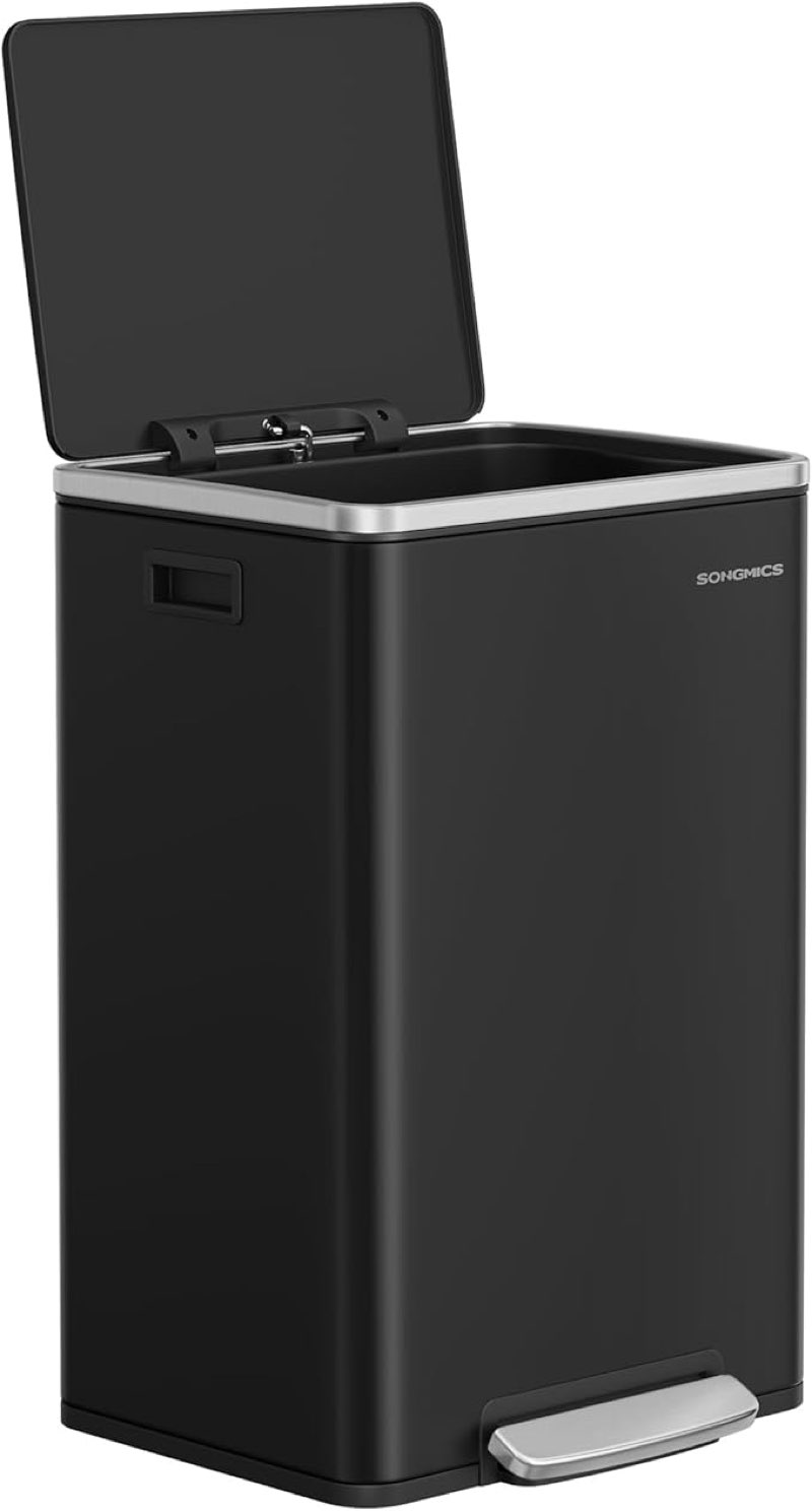 SONGMICS Trash Can, 13-Gallon Gabbage Can, with 15 Trash Bags, Steel, with Soft-Close Lid, Removable Inner Bucket, Handles, Ink Black